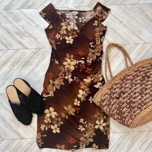 VINTAGE 90S BROWN FLORAL FAUX WRAP DRESS​​